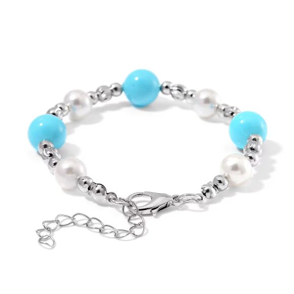 Sleeping Beauty Color and White Shell Pearl Bracelet Lever Bracelet & Earrings - Picture 3 of 4